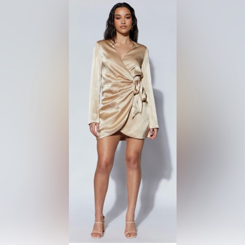 MESHKI Saira Wrap Tie Up Mini Dress in wheat gold satin size medium event winter